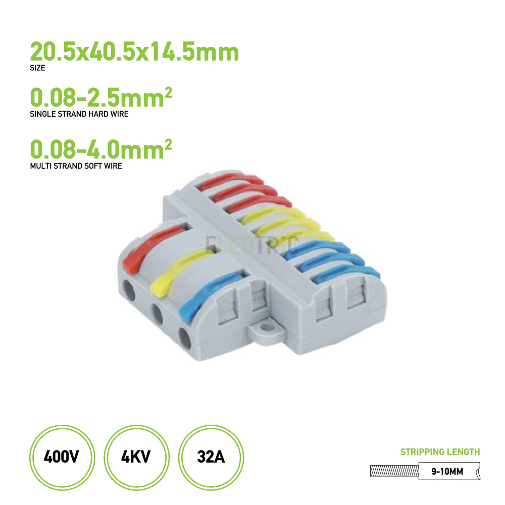 3-in-9-out Splitter Terminal Connector, Live, Neutral & Ground