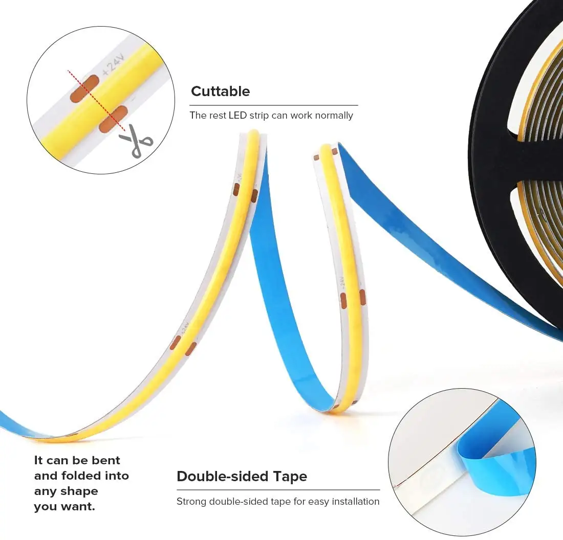 Flexible COB LED Strip Light 5m/Roll, 6x20 Chip Size, 24v, 12W