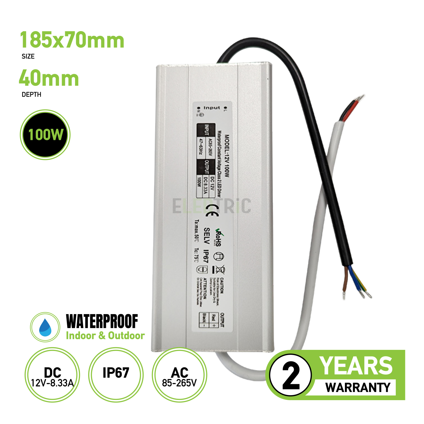 Waterproof IP67 Electronic LED Driver 100w For LED Lighting, 12V & 24V