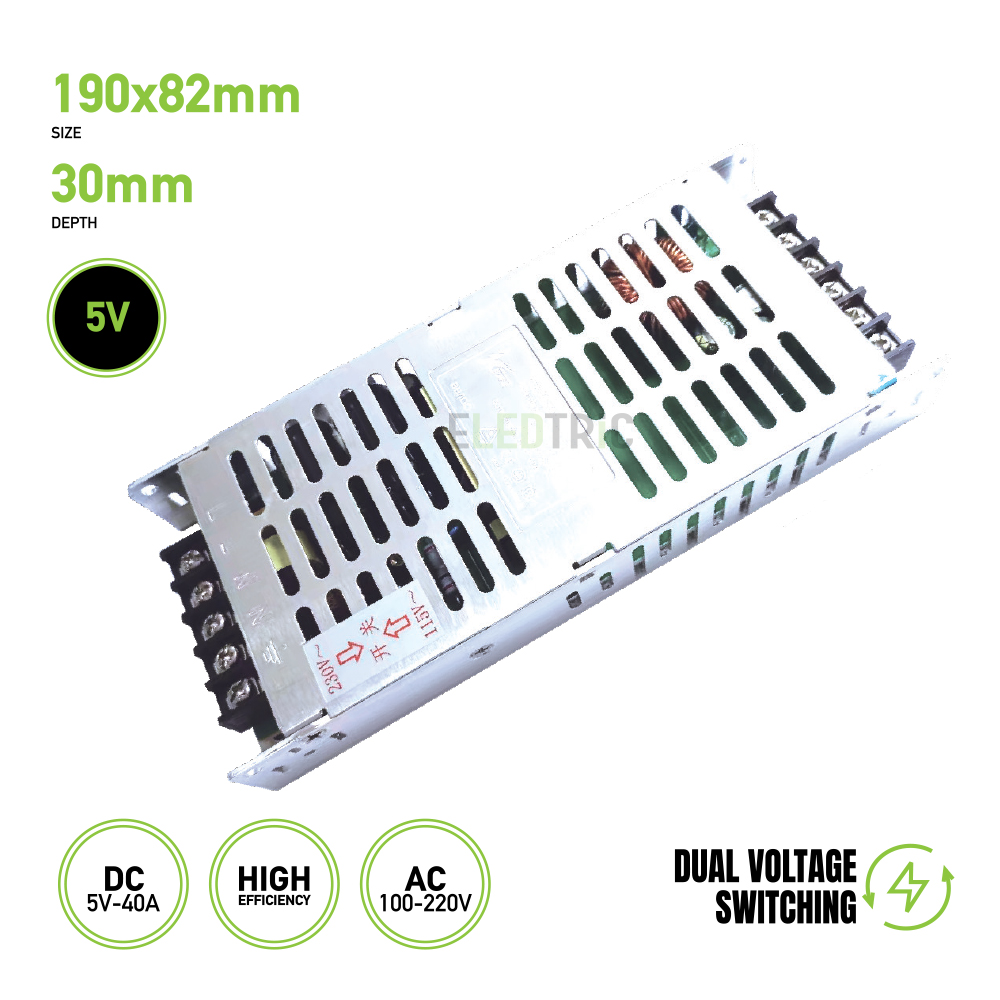 Digital Screen LED Driver 200W, 5V with High Efficiency, Dual Voltage Switching LED Power Supply